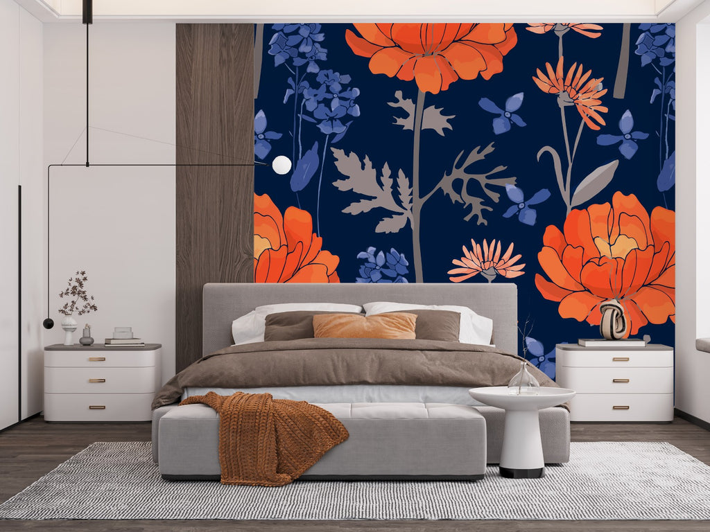 Orange Flowers on Dark Blue Wallpaper uniQstiQ Long Murals