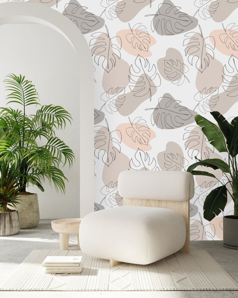 Beige Wallpaper with Monstera Leaves uniQstiQ Tropical