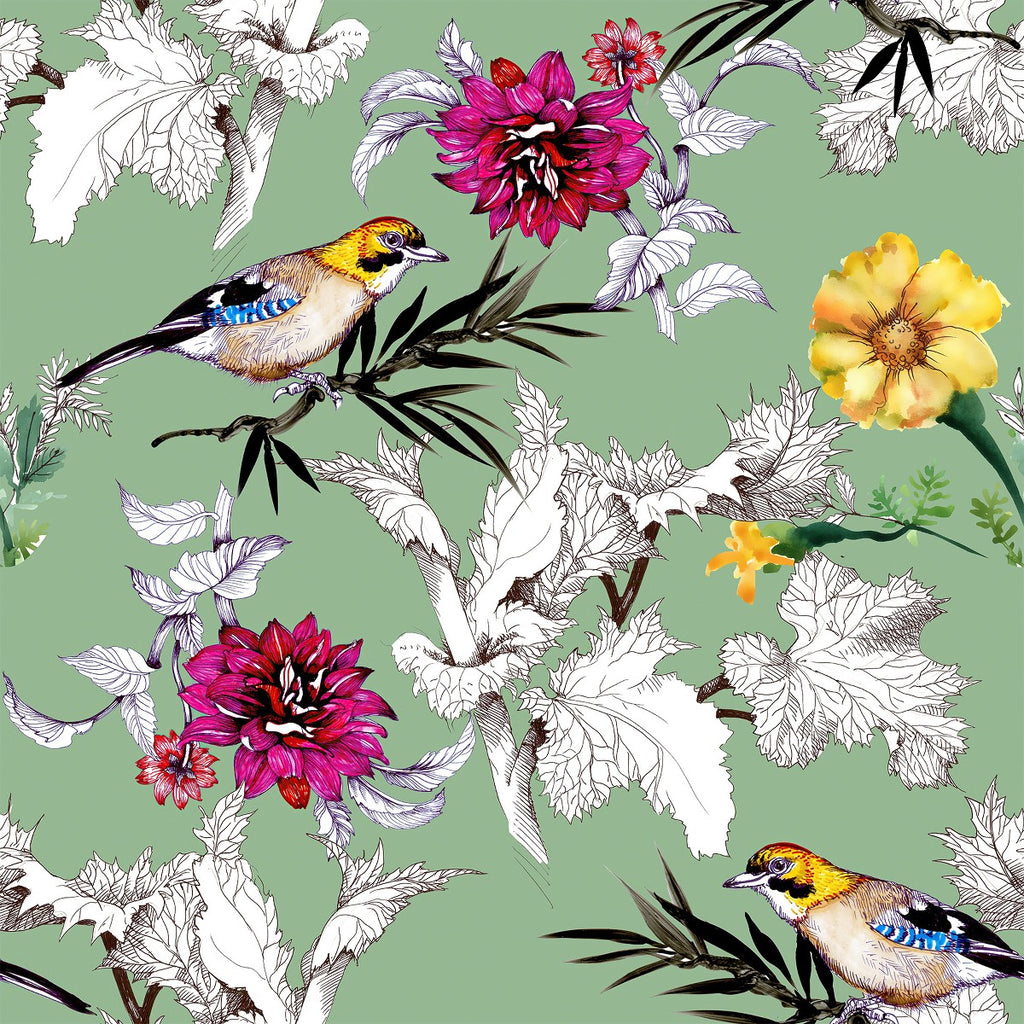 Green Wallpaper with Flowers and Birds  uniQstiQ Floral
