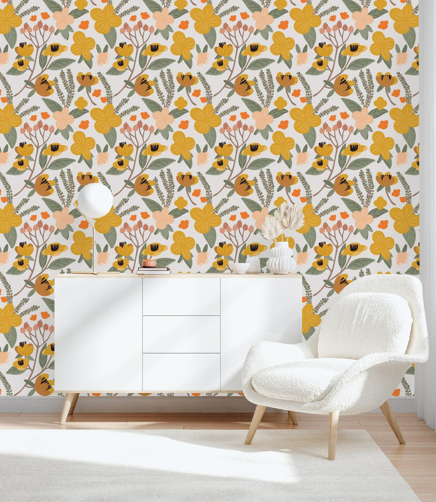 White Wallpaper with Orange Flowers uniQstiQ Floral