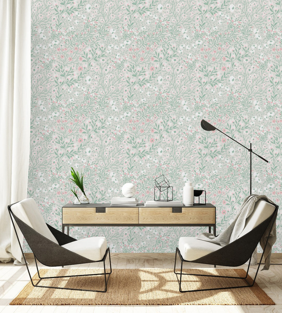 Green Wallpaper with Little Flowers uniQstiQ Floral