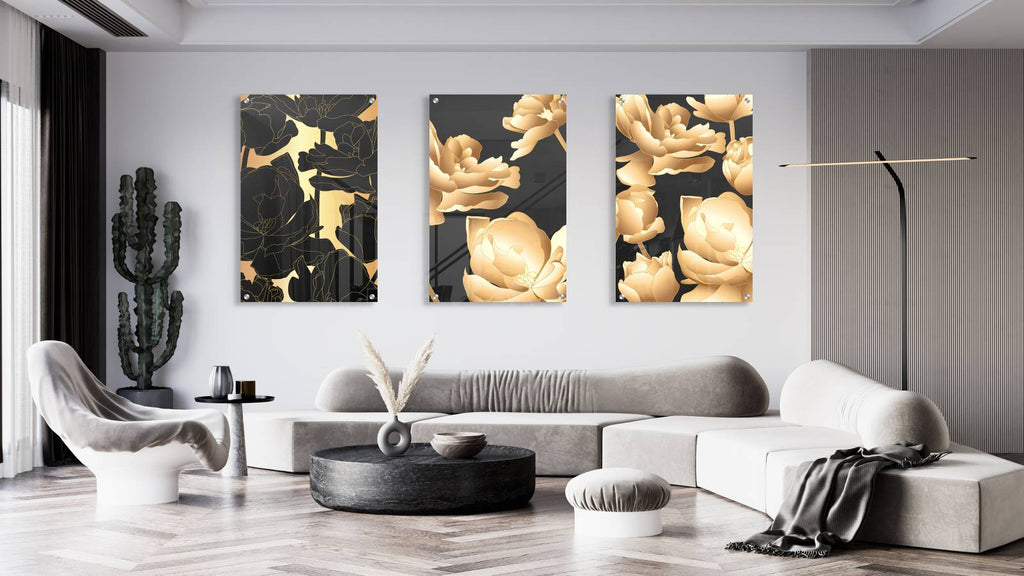 Golden Flowers Set of 3 Prints Modern Wall Art Modern Artwork Image 2