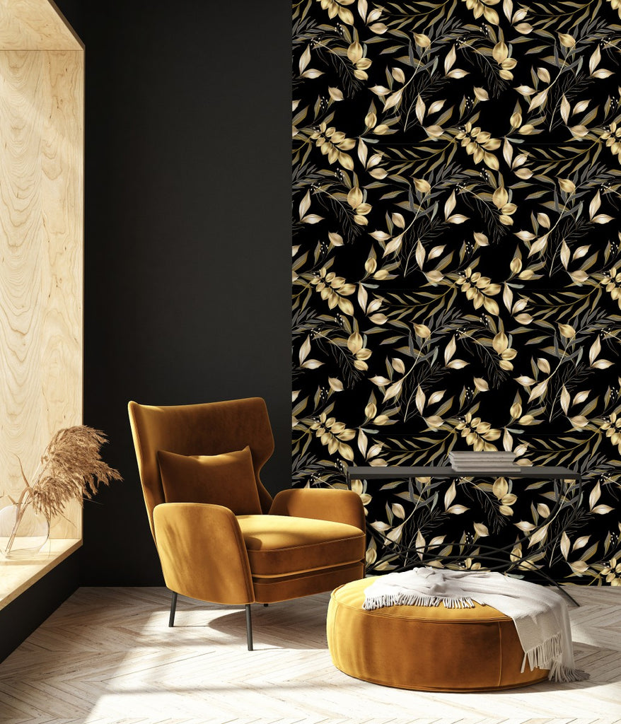Dark Wallpaper with Gold Leaves  uniQstiQ Botanical