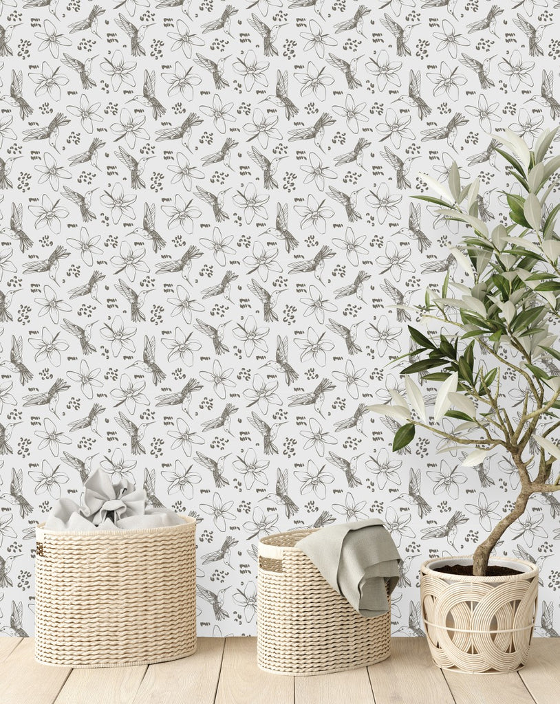 Grey Humingbirds and Flowers Wallpaper  uniQstiQ Floral