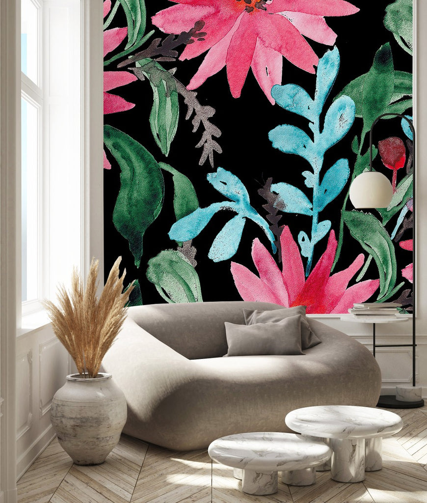 Dark Wallpaper with Brightly Pink Flowers uniQstiQ Murals