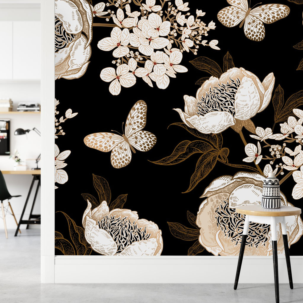 Dark Wallpaper with Butterflies and Flowers  uniQstiQ Murals
