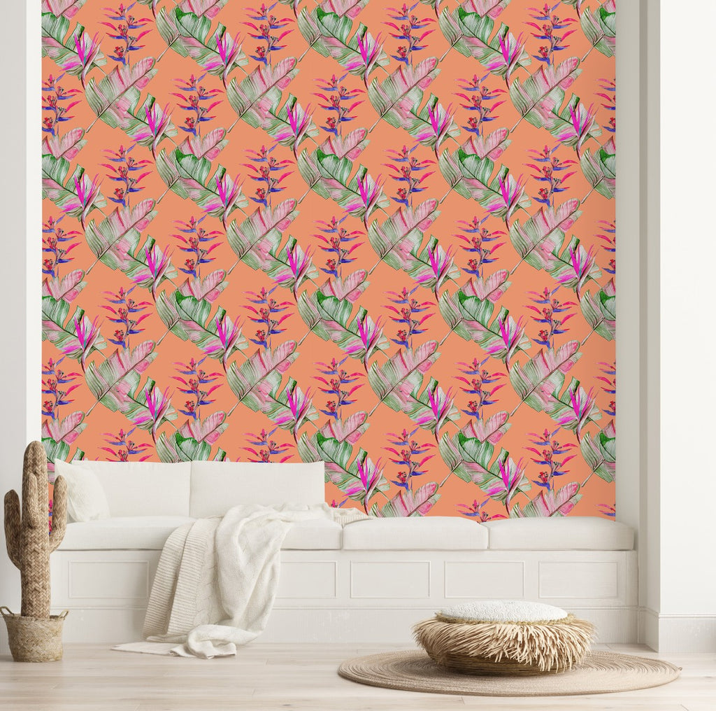 Brightly Orange Wallpaper with Palm Leaves uniQstiQ Tropical