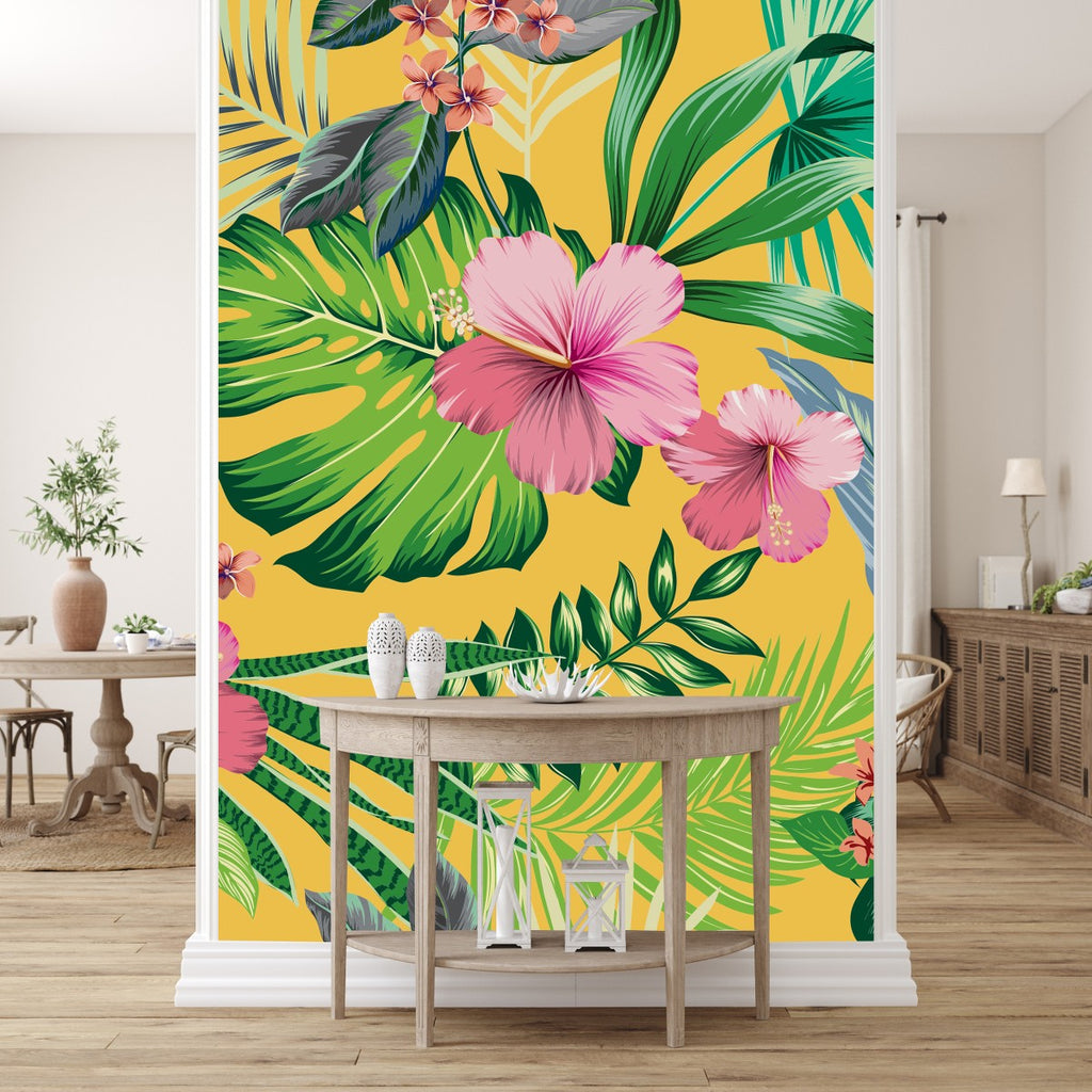 Yellow Wallpaper with Exotic Flowers  uniQstiQ Murals
