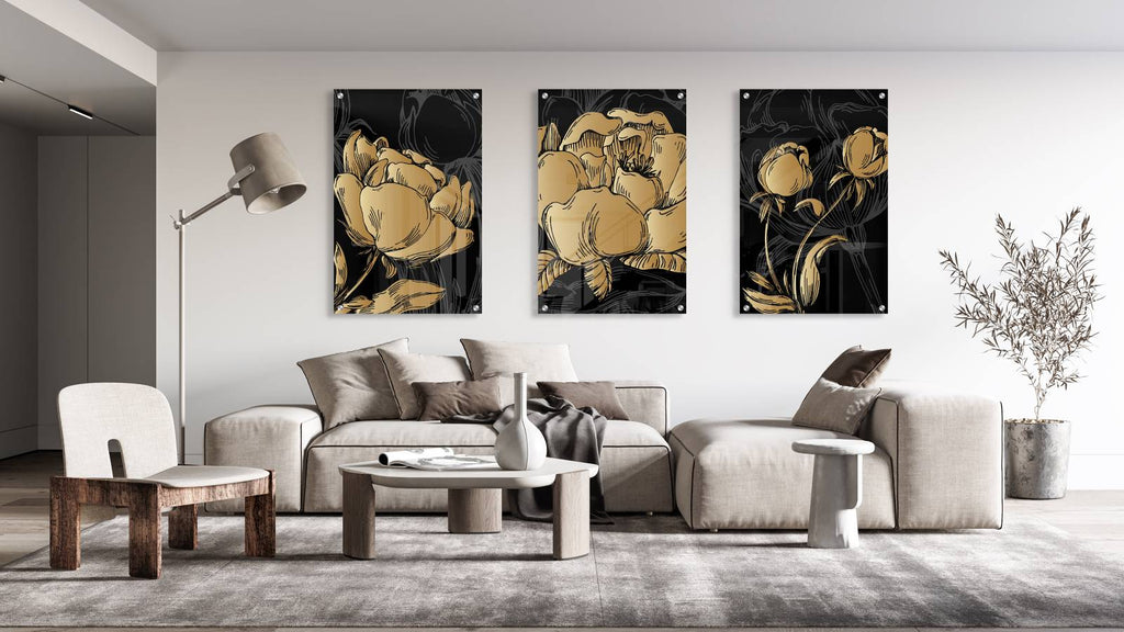 Golden Peonies Set of 3 Prints Modern Wall Art Modern Artwork Image 1