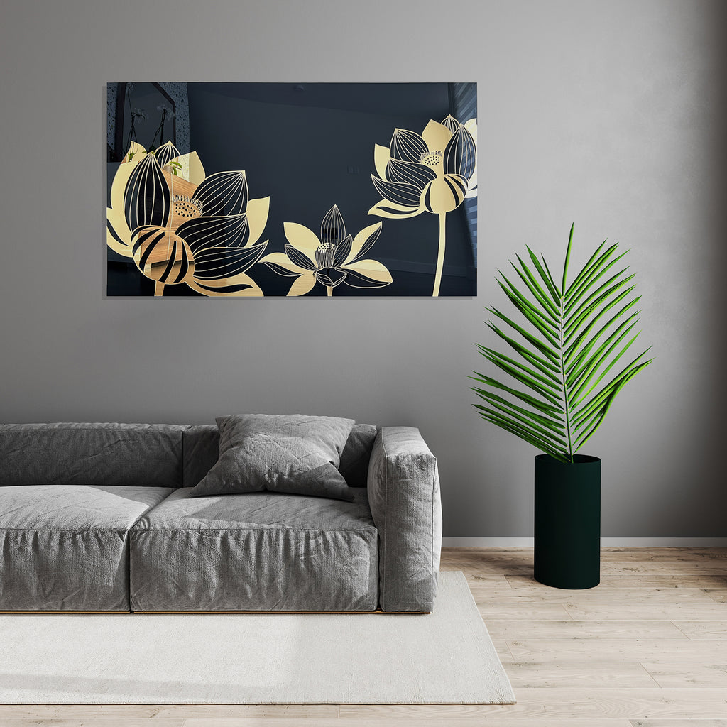 black-and-gold-extra-large-mirrored-acrylic-wall-art-made-in-usa-luxury-gift-wall-decor-modern-art-lotus-flower