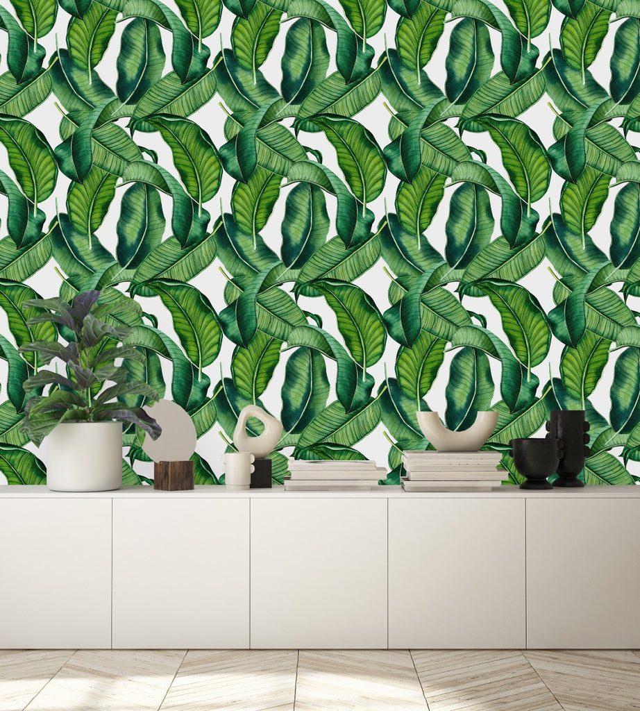 White Wallpaper with Green Leaves uniQstiQ Tropical