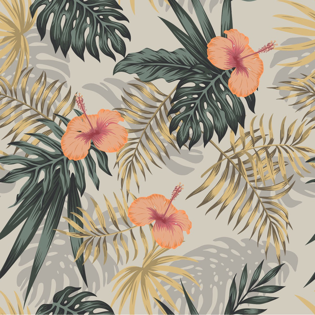 otic Leaves and Flowers on Grey Background Wallpaper