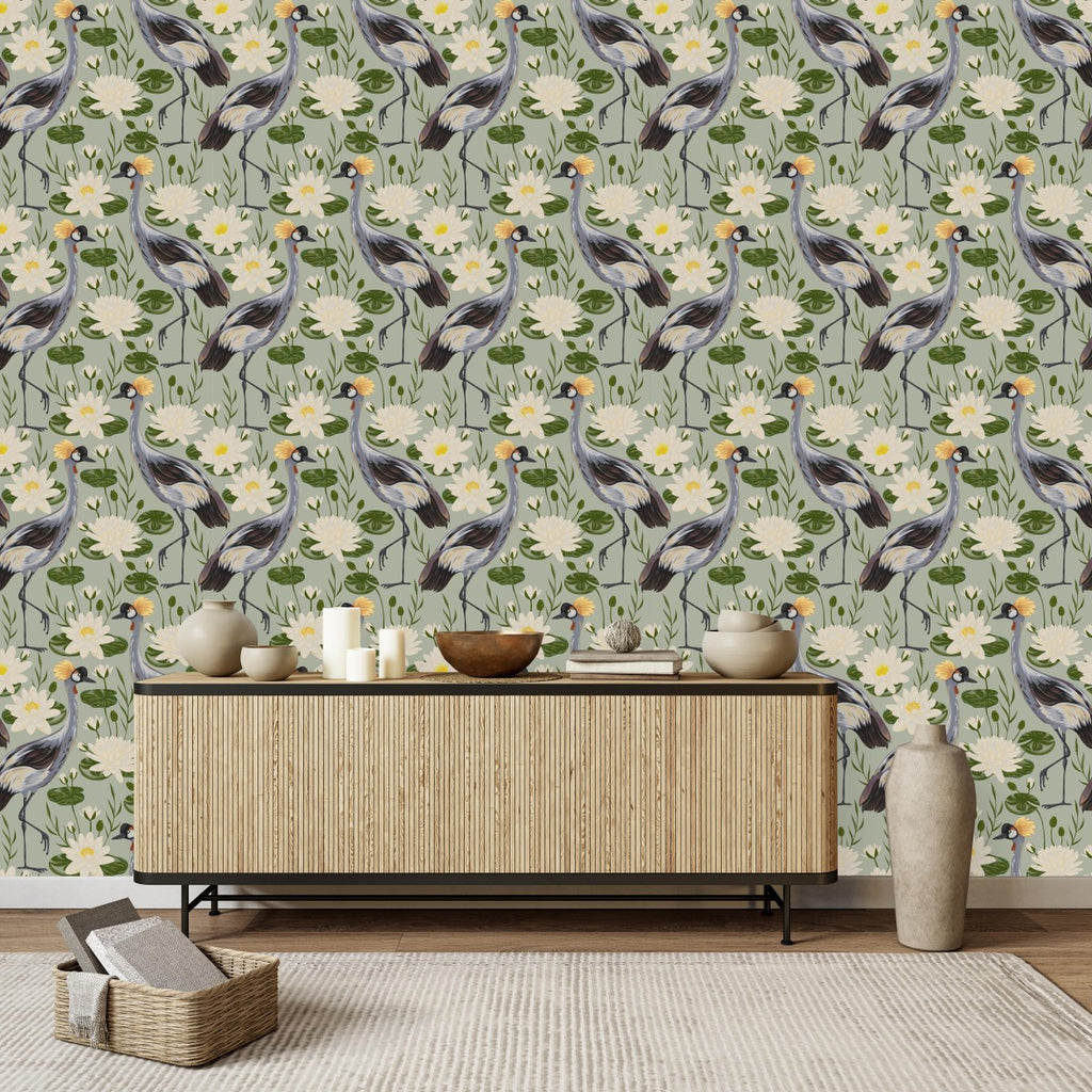 Grey Wallpaper with Flowers and Birds uniQstiQ Vintage