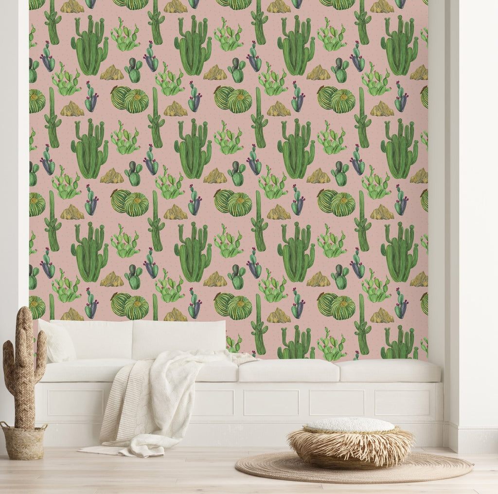 Beige Wallpaper with Cactus Pattern uniQstiQ Tropical