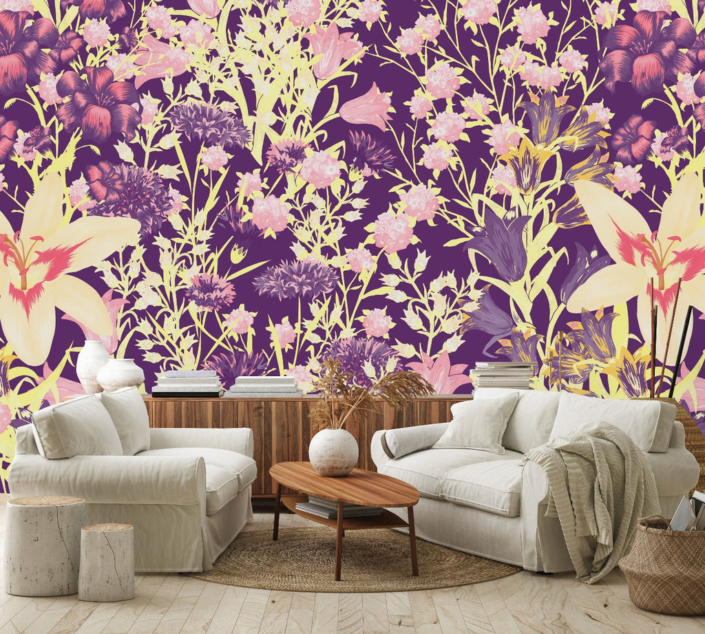 Purple and Yellow Flowers Wallpaper uniQstiQ Murals