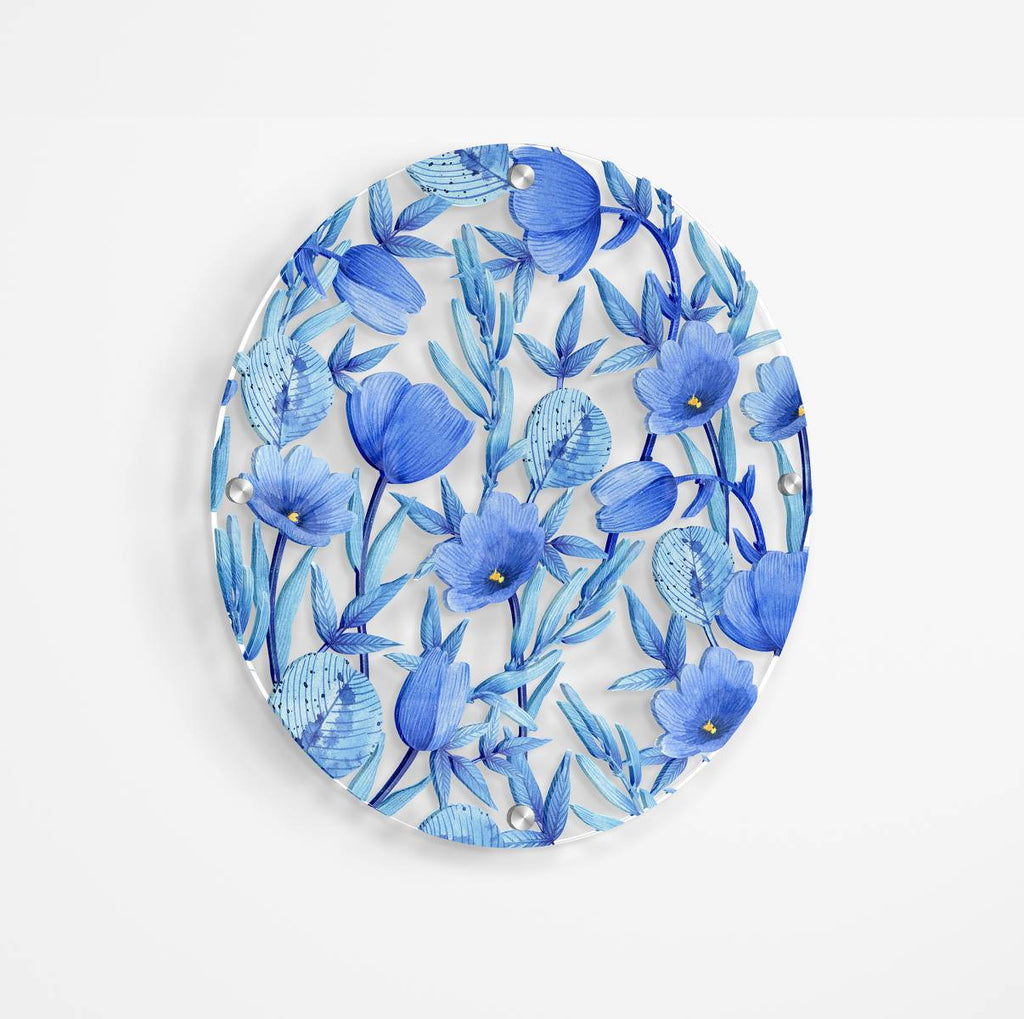 Blue Flowers Printed Transparent Acrylic Circle