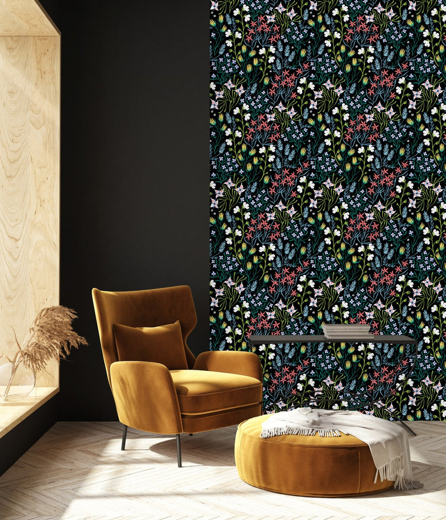 Dark Wallpaper with Little Flowers  uniQstiQ Floral