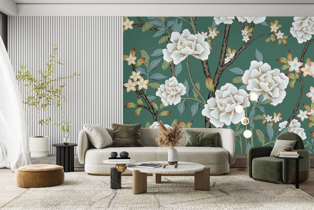 Green Wallpaper with White Flowers uniQstiQ Murals