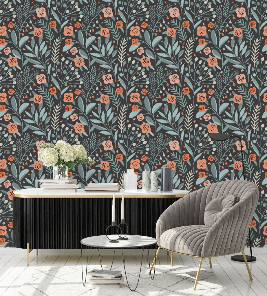 Dark Wallpaper with Orange Flowers  uniQstiQ Floral
