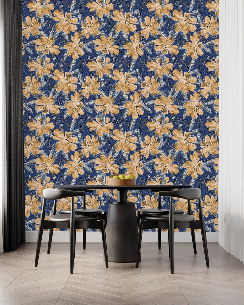 Dark Blue Wallpaper with Beige Flowers uniQstiQ Vintage