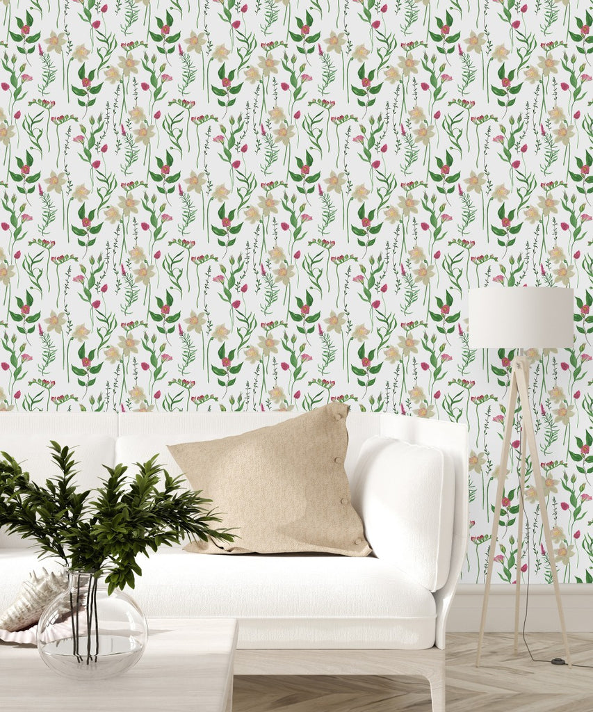 White Wallpaper with Meadow Flowers uniQstiQ Floral