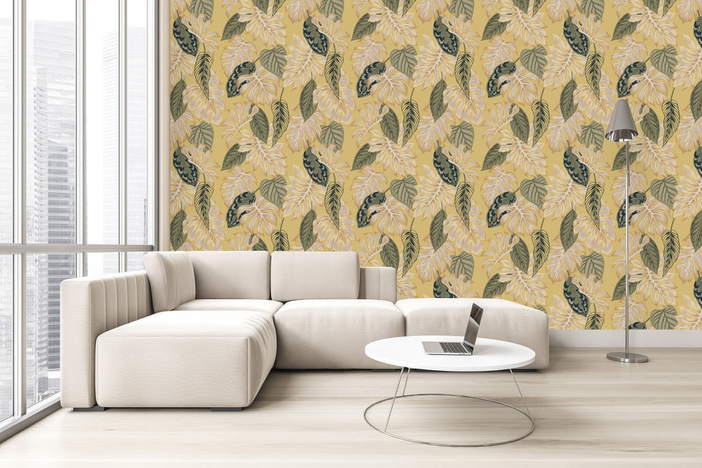 Yellow Wallpaper with Leaves Pattern  uniQstiQ Tropical