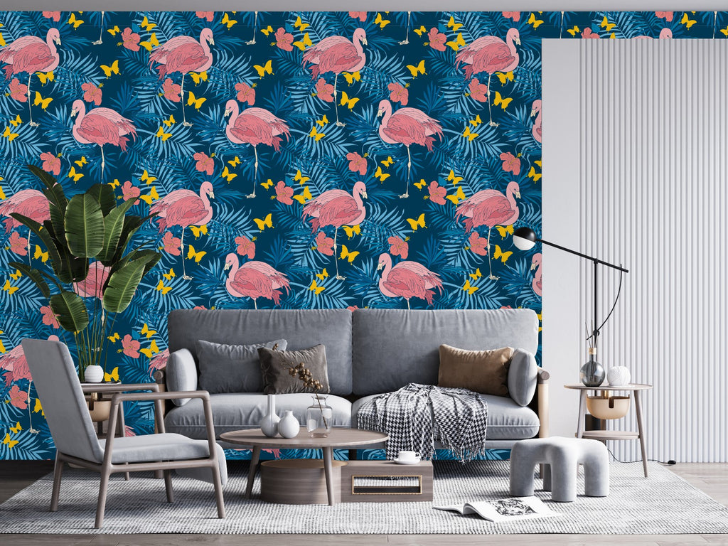 Pink Flamingos on Blue Wallpaper uniQstiQ Tropical