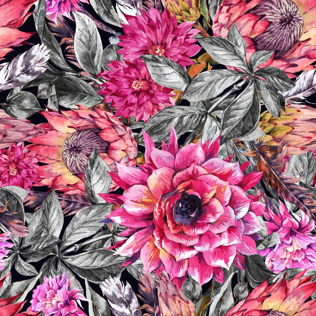 Grey Leaves and Pink Flowers Wallpaper  uniQstiQ Murals