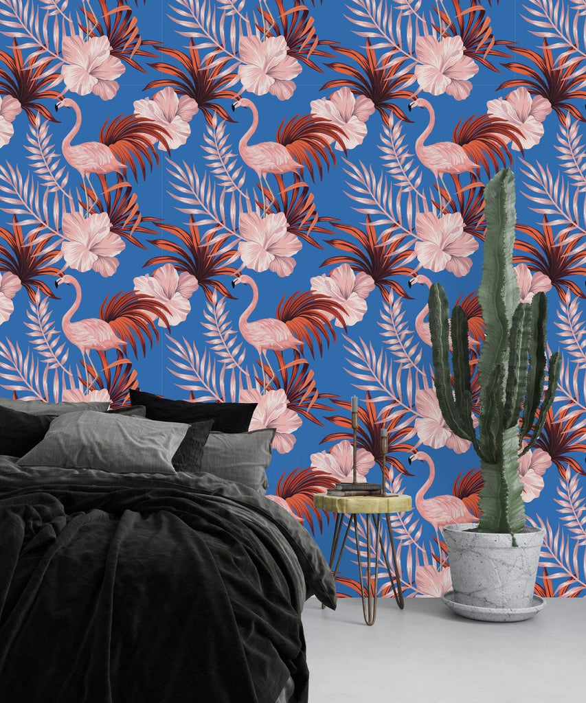 Blue Wallpaper with Pink Flamingos  uniQstiQ Tropical