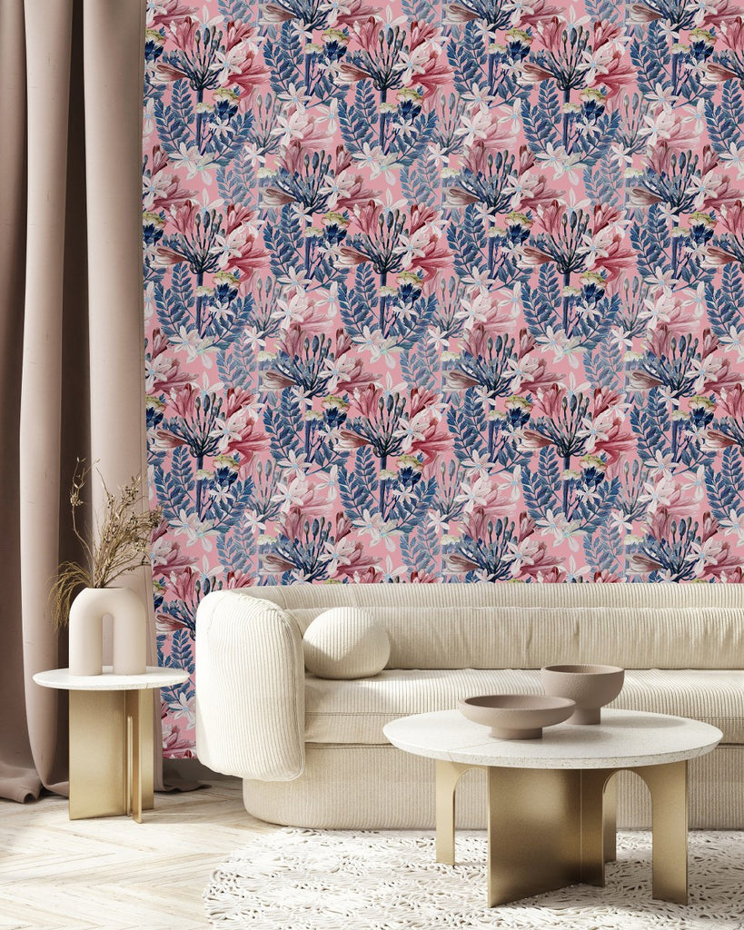 Pink Flowers and Blue Leaves Wallpaper uniQstiQ Floral