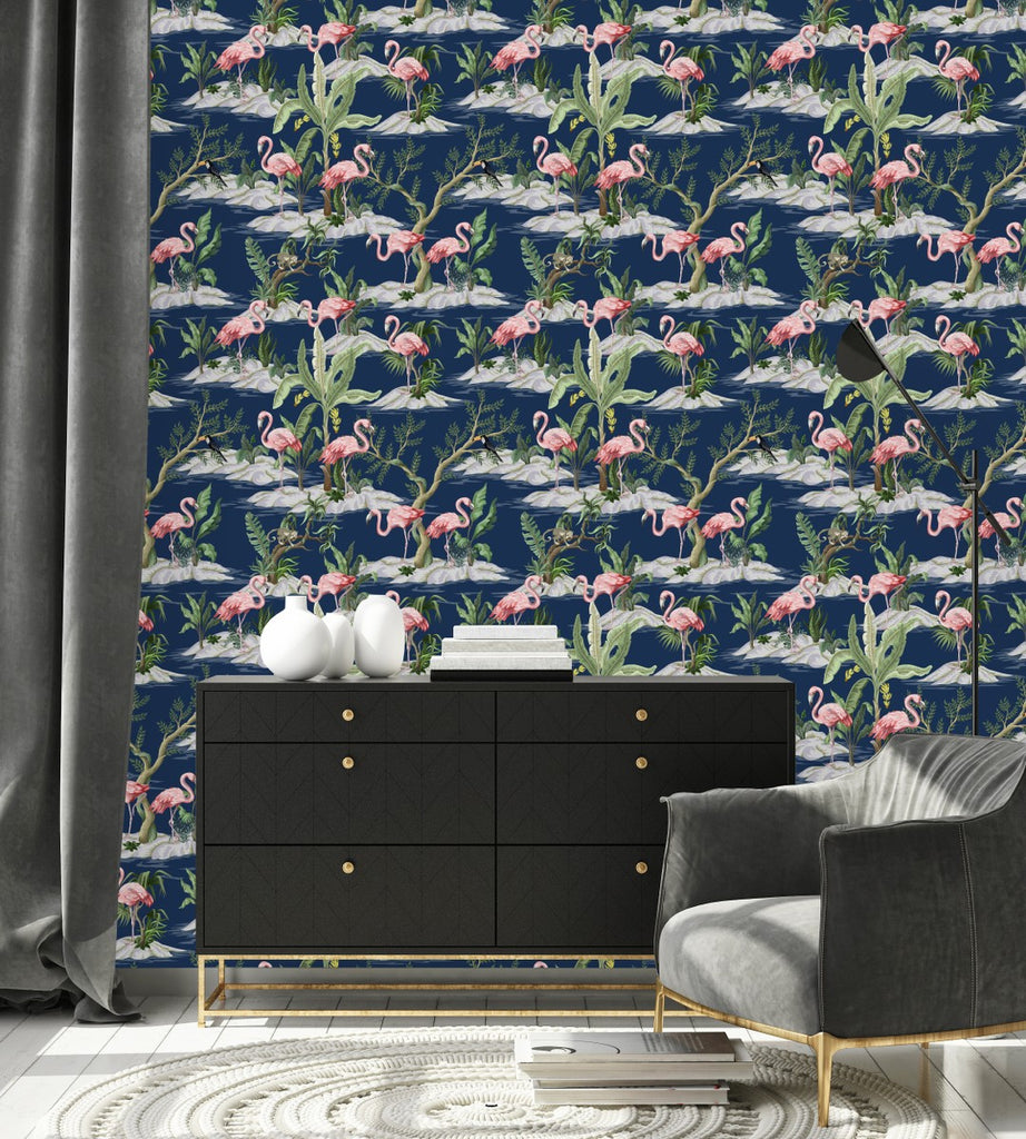 Dark Blue Wallpaper with Flamingos uniQstiQ Tropical