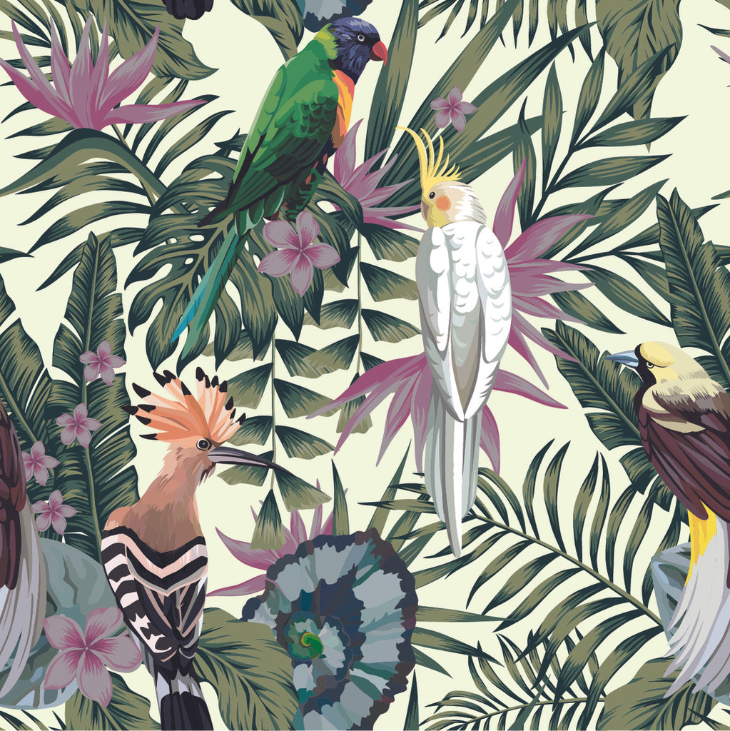 Parrots on Tropical Leaves Wallpaper