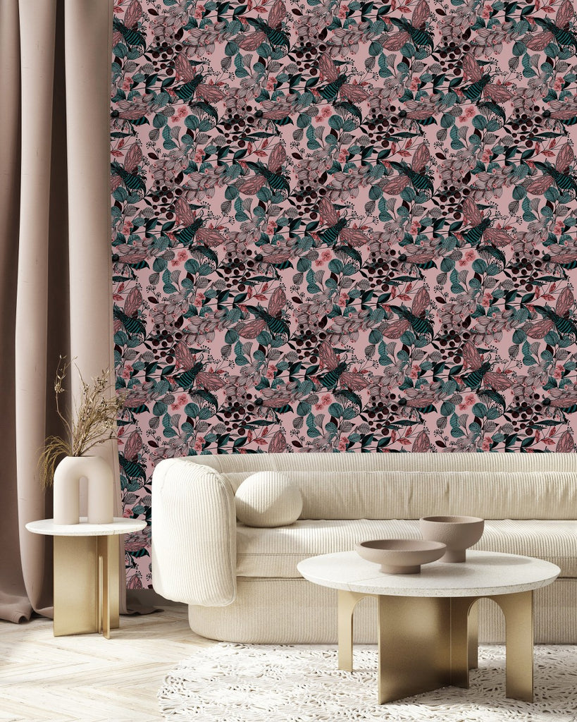Dark Pink Wallpaper with Leaves uniQstiQ Botanical