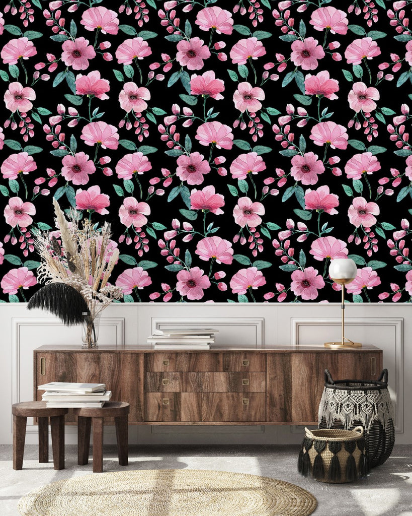 Pink Flowers on Dark Wallpaper  uniQstiQ Floral