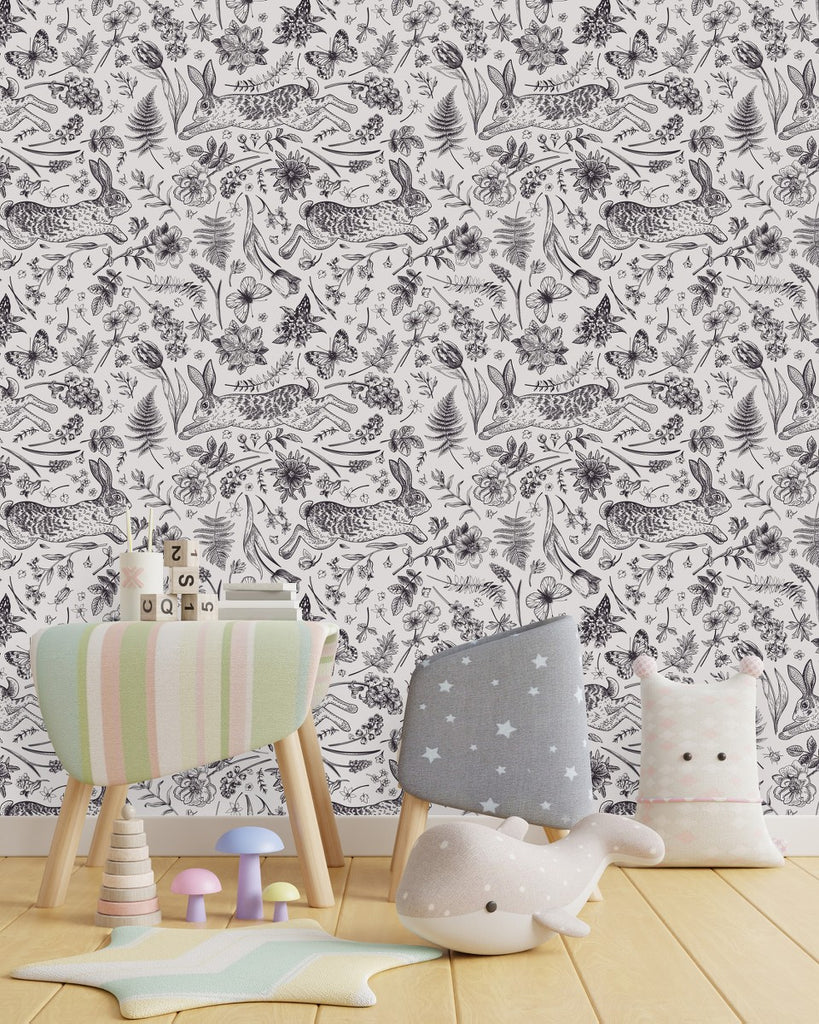 Black and White Hares Pattern Wallpaper uniQstiQ Kids