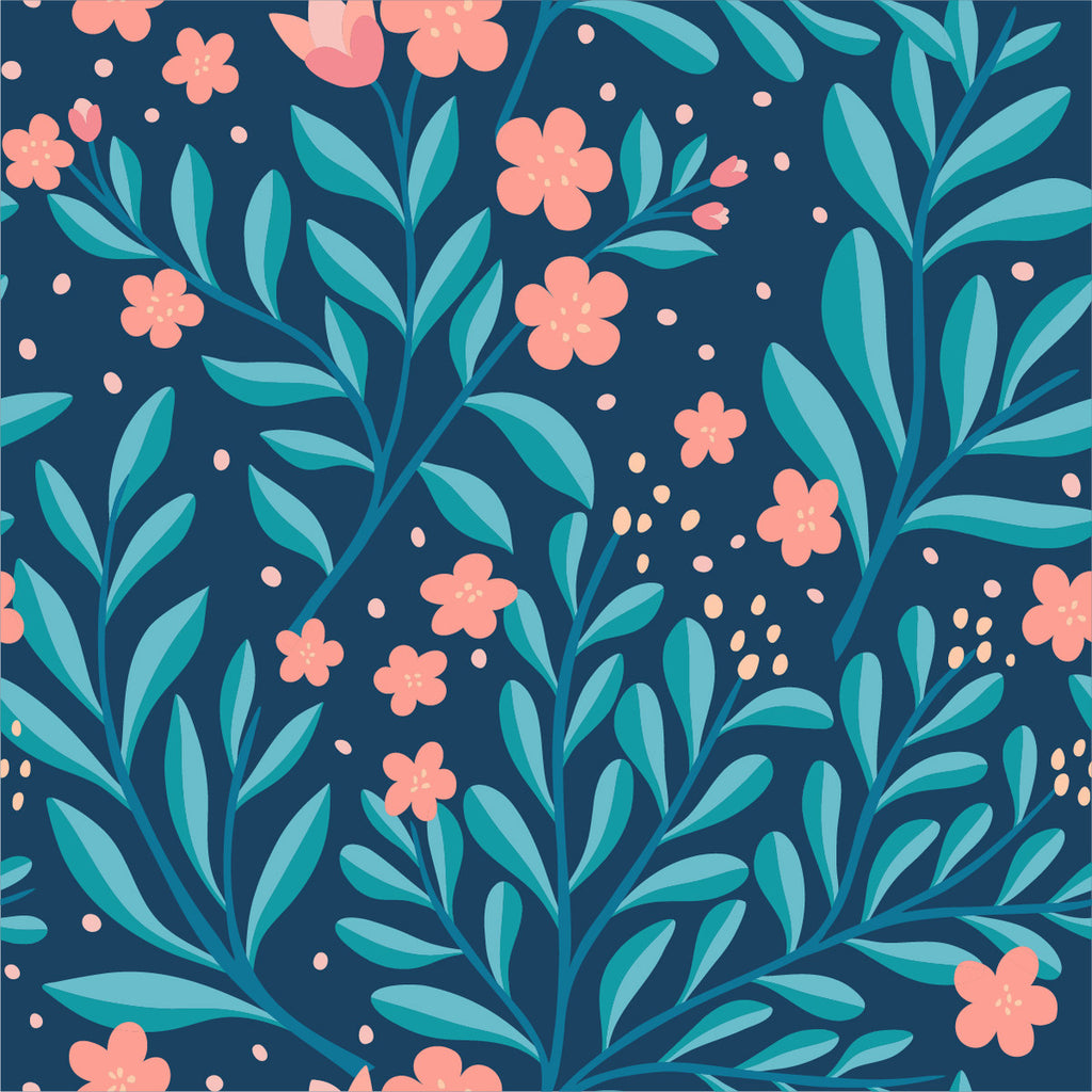 Blue Leaves with Pink Flowers Wallpaper  uniQstiQ Floral