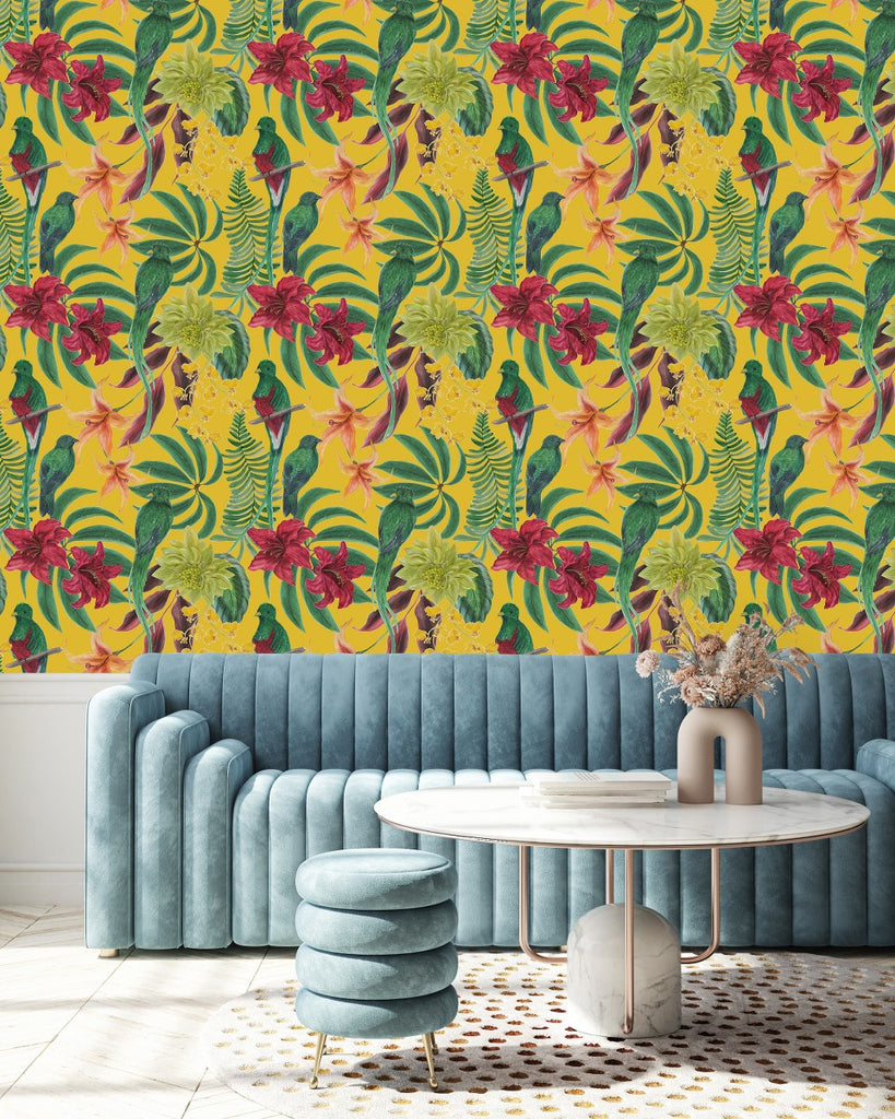 Yellow Wallpaper with Parrots uniQstiQ Tropical