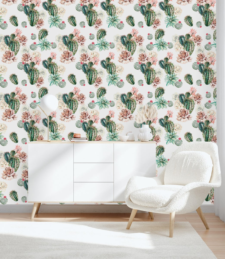 White Wallpaper with Cactus  uniQstiQ Tropical