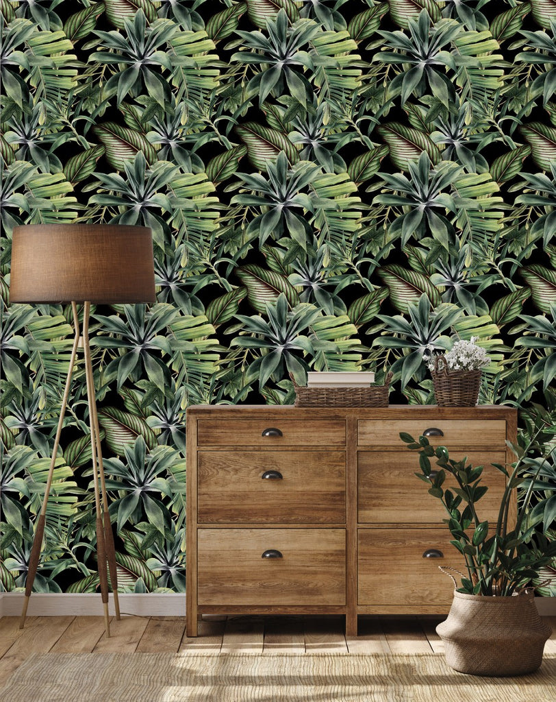 Dark Wallpaper with Green Plants uniQstiQ Tropical