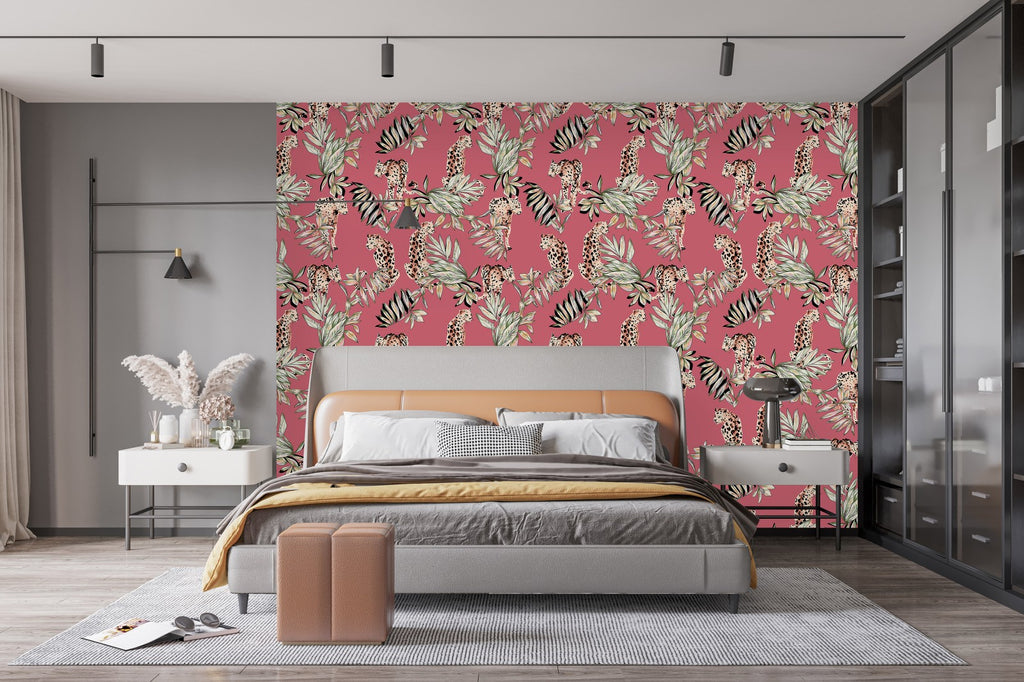 Pink Wallpaper with Leopard Pattern uniQstiQ Tropical