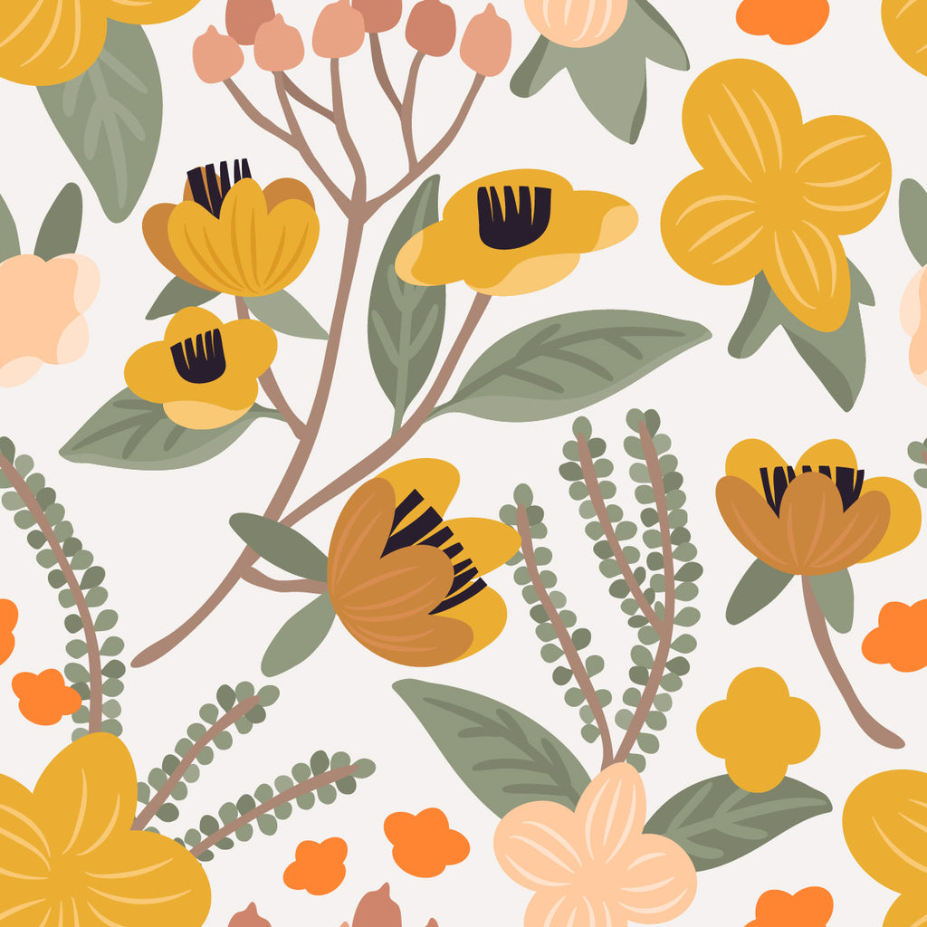 White Wallpaper with Orange Flowers uniQstiQ Floral