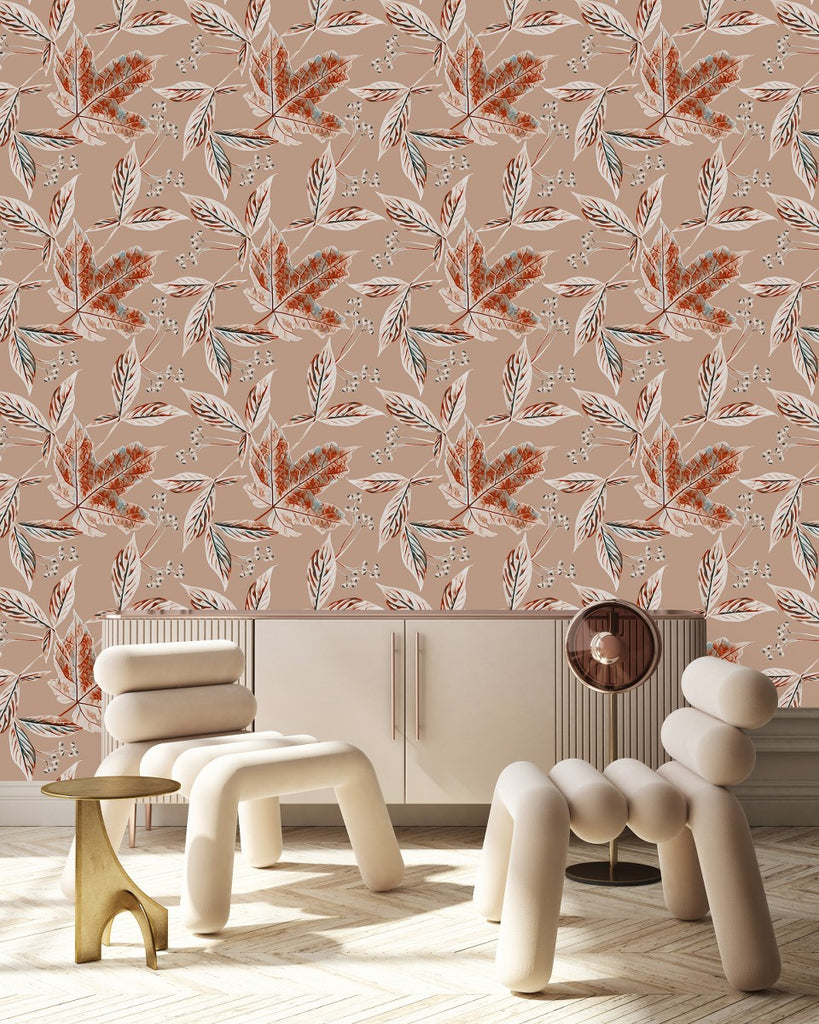Beige Wallpaper with Leaves and Berries  uniQstiQ Botanical