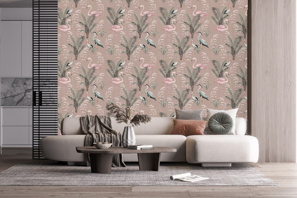 Beige Wallpaper with Exotic Birds  uniQstiQ Tropical