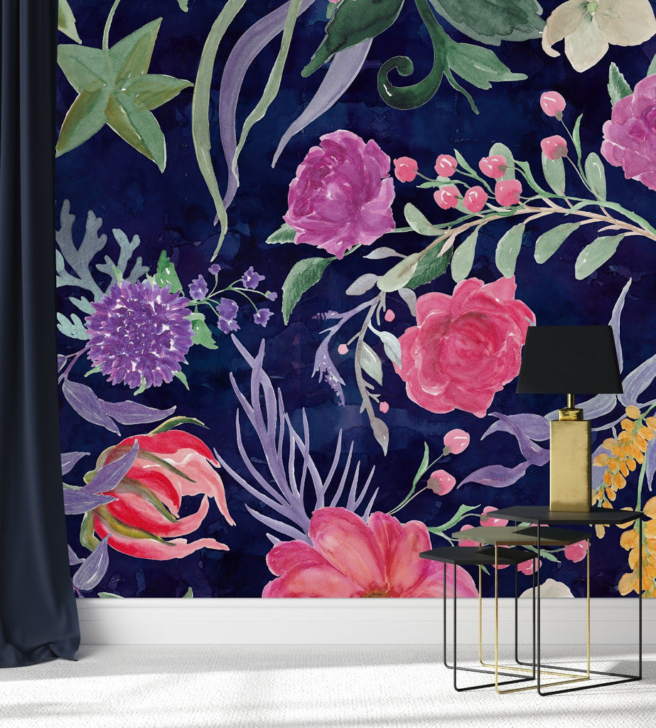 Dark Blue Wallpaper with Flowers uniQstiQ Murals