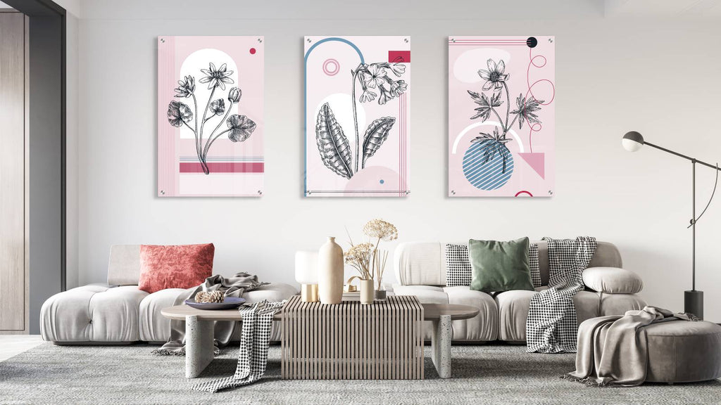 Flowers and Geometric Design Set of 3 Prints Modern Wall Art Modern Artwork Image 1