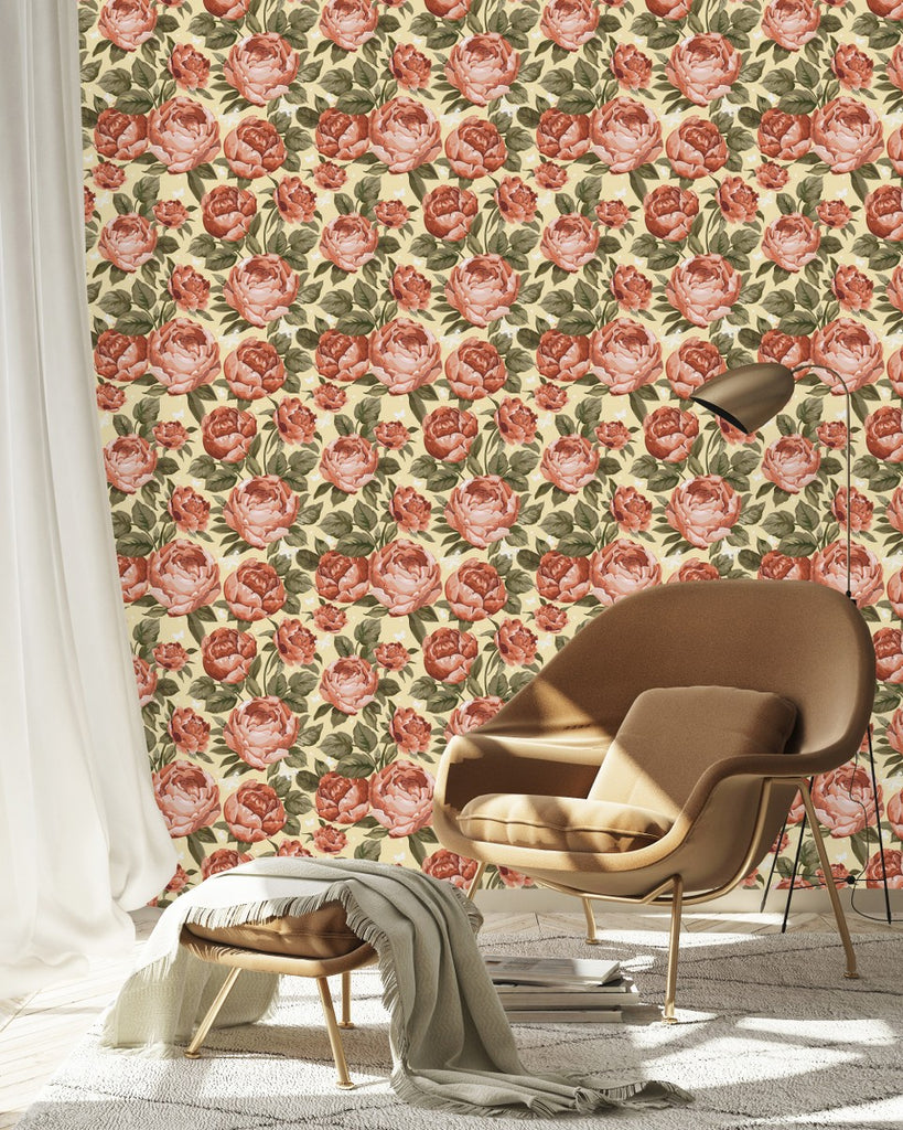 Yellow Wallpaper with Peonies  uniQstiQ Floral