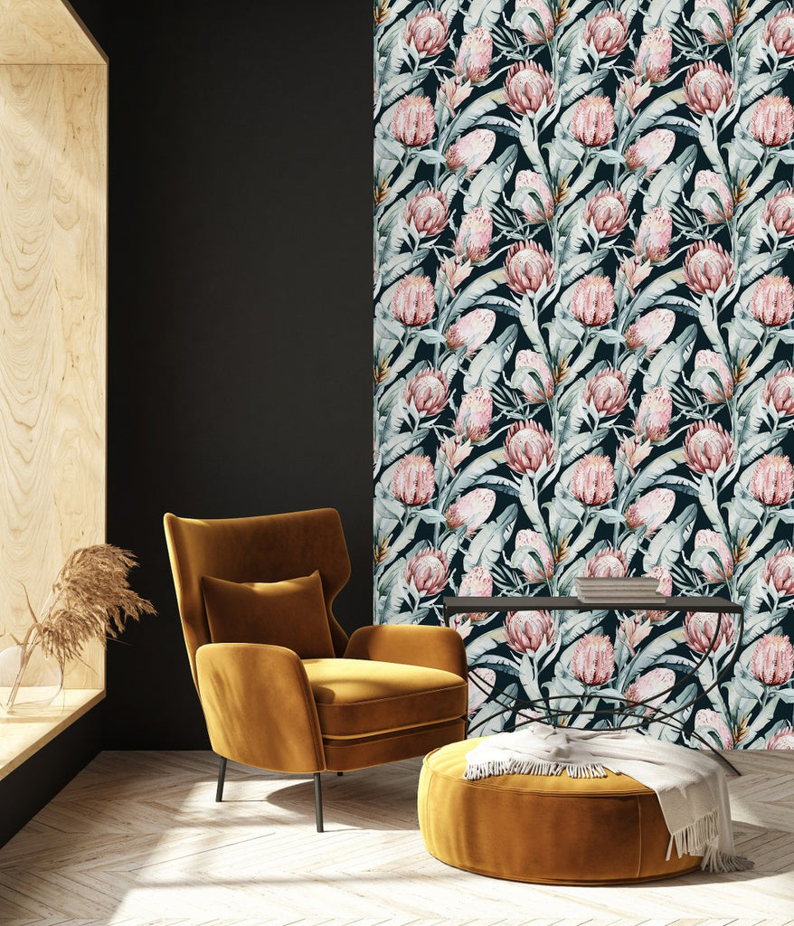 Black Wallpaper with Protea Flowers  uniQstiQ Floral