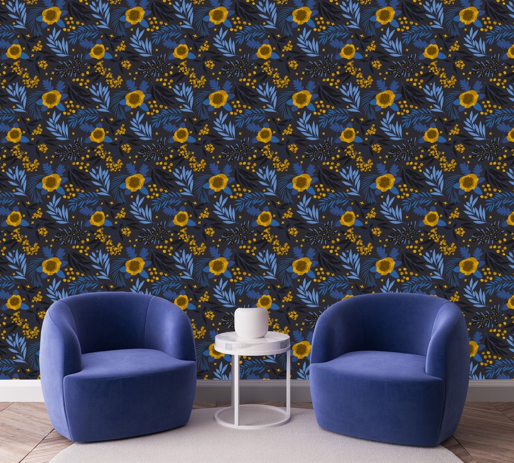 Dark Blue Wallpaper with Yellow Flowers  uniQstiQ Floral