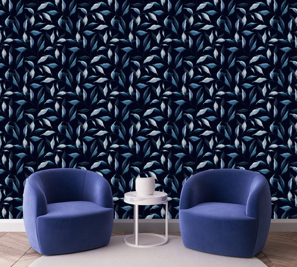 Dark Blue Wallpaper with Leaves Design  uniQstiQ Botanical