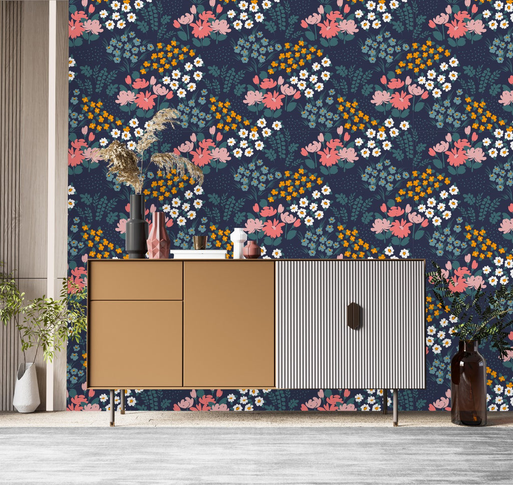 Dark Wallpaper with Brightly Flowers uniQstiQ Floral